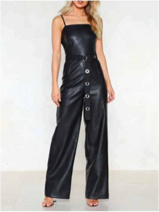 Womens Formal Pure Black Leather Full Length Jumpsuit