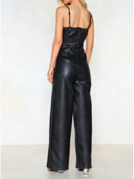 Womens Formal Pure Black Leather Full Length Jumpsuit