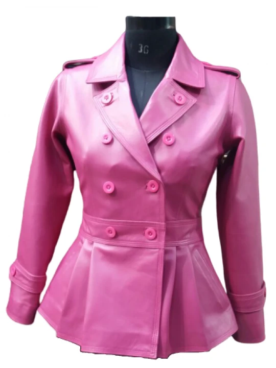 Feminine Fit Peplum Style Genuine Pink Leather Coat for Ladies