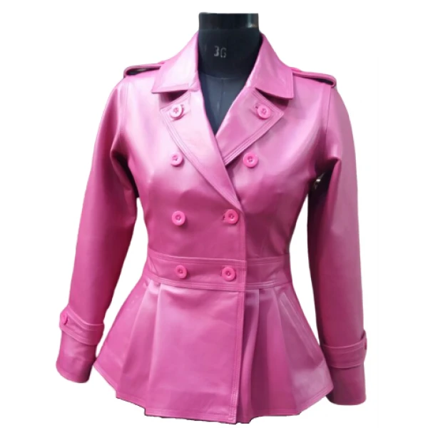 Feminine Fit Peplum Style Genuine Pink Leather Coat for Ladies