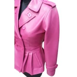 Feminine Fit Peplum Style Genuine Pink Leather Coat for Ladies