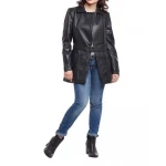 Ladies Fashion Long Pure Black Leather Coat