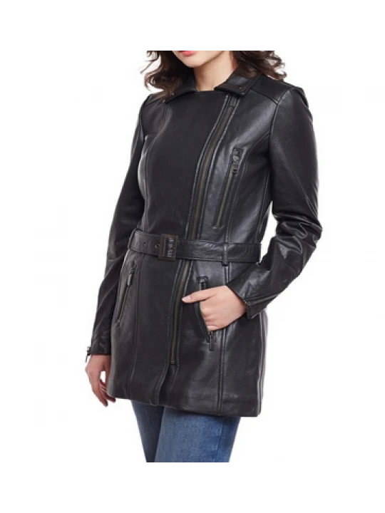 Ladies Fashion Long Pure Black Leather Coat