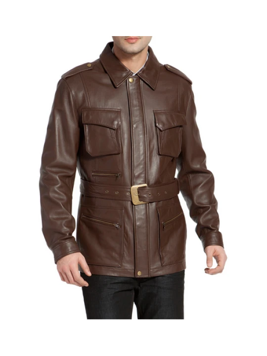 Mens Regular Fit Brown Lambskin Leather Trench Coat