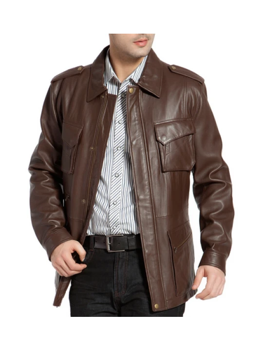Mens Regular Fit Brown Lambskin Leather Trench Coat
