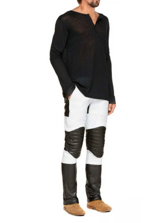 Mens Stylish Quilted Knee Panels Color Block leather Pants