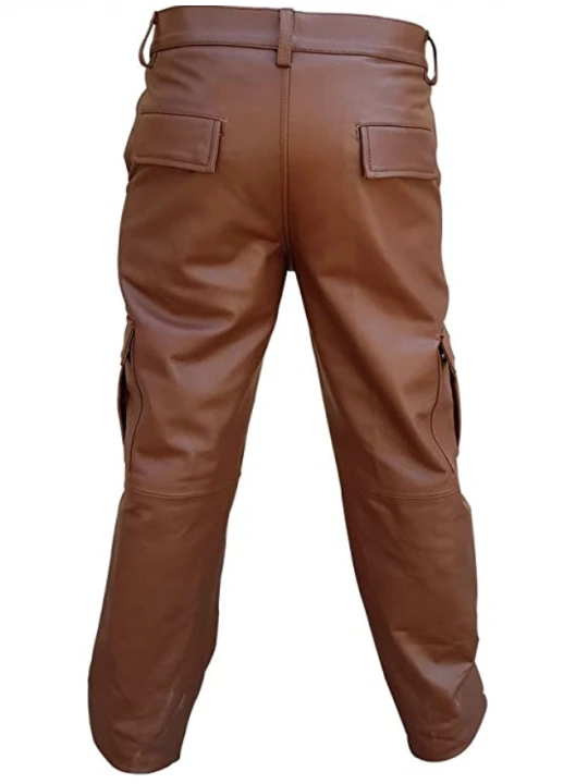Real Brown Leather Cargo Jeans Pants for Male