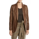 Relaxed Fit Shawl Collar Brown Leather Blazer for Women