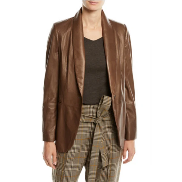 Relaxed Fit Shawl Collar Brown Leather Blazer for Women