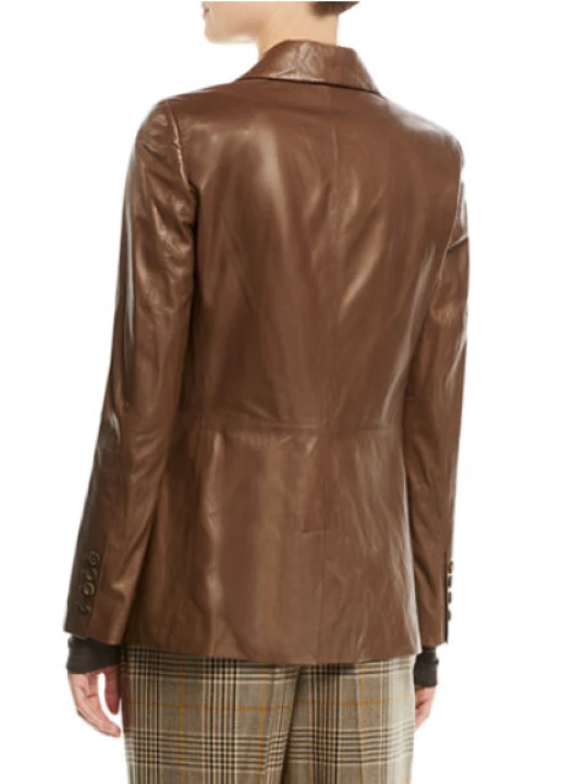 Relaxed Fit Shawl Collar Brown Leather Blazer for Women