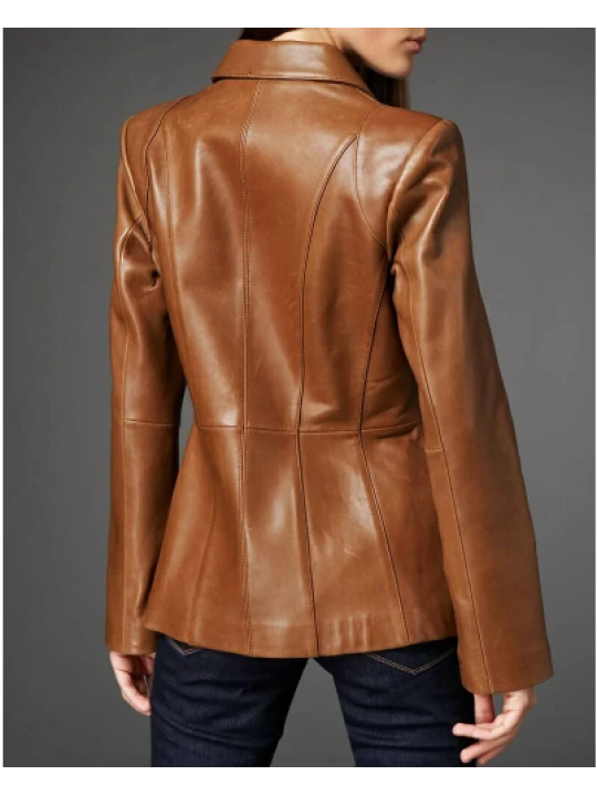 Womens Fashion Three Button Premium Brown Leather Blazer