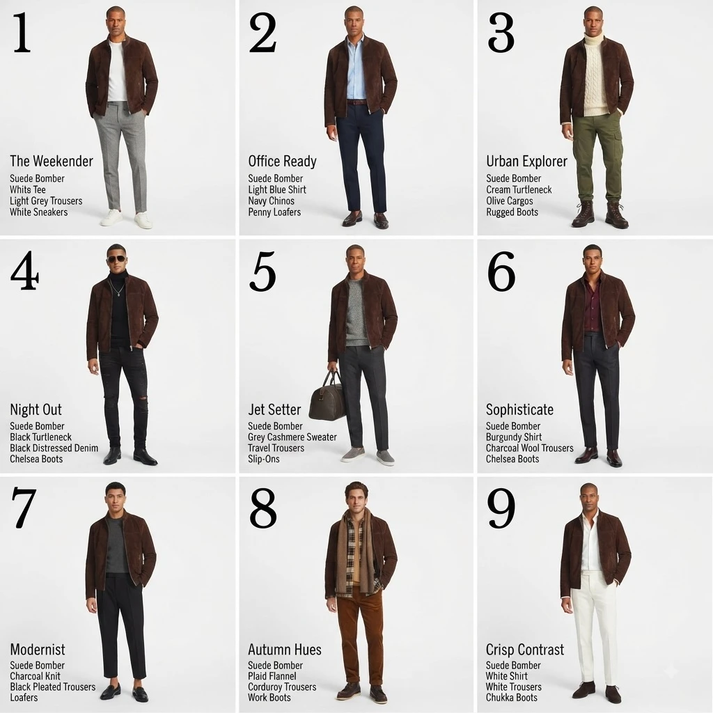 Styled outfit looks featuring the Stand Collar Brown Suede Leather Jacket